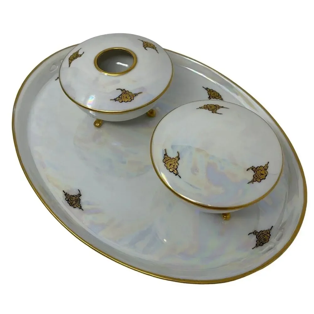 RS Tillowitz Silesia Dresser Set Opalescent Footed Hair Receiver Powder Jar Tray
